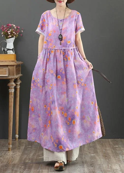 Factory Direct Sale silk dressBeautiful o neck drawstring cotton linen summer clothes purple print Dress