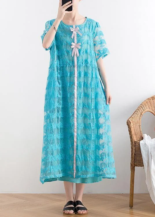 Weekend Flash Sale elegant dressNew blue lace embroidery organza heavy industry retro exquisite loose dress