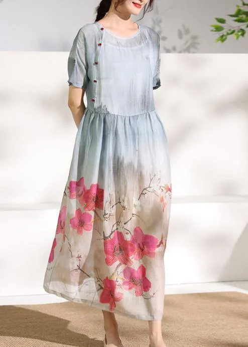 Best Seller fitted dressArt gray print linen dresses o neck patchwork Dresses