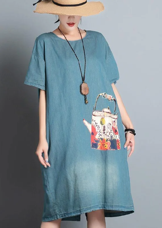 Weekend Deal structured dress100% denim blue print dresses o neck pockets A Line summer Dress