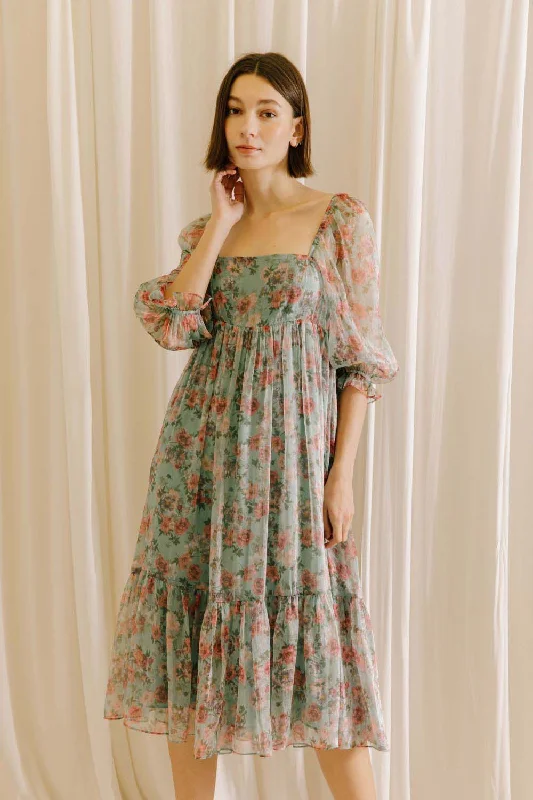 Can't Miss tiered dressMint Green Floral Shimmer Chiffon Square Neck Midi Dress