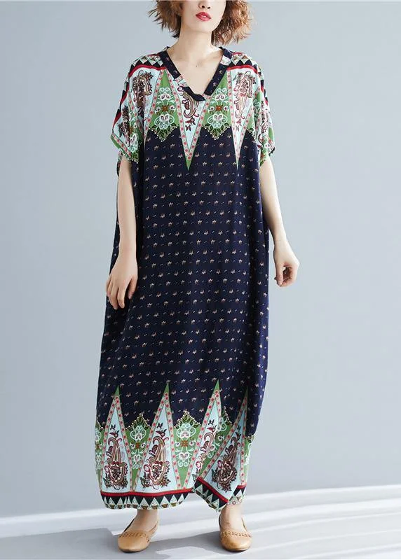 Online Only minimalistic dressLoose v neck clothes Work blue print long Dresses summer