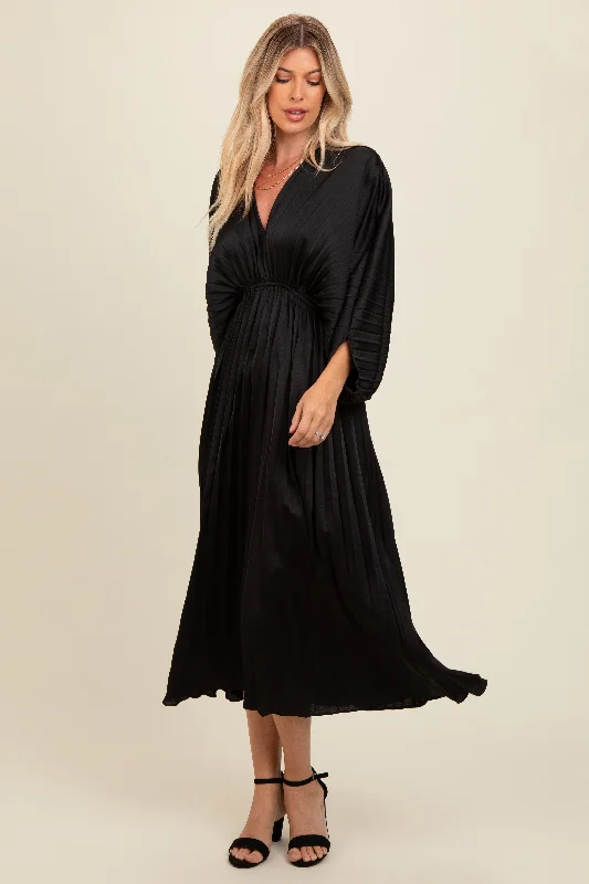Price Slash casual summer dressBlack Satin Pleated V-Neck Maxi Dress
