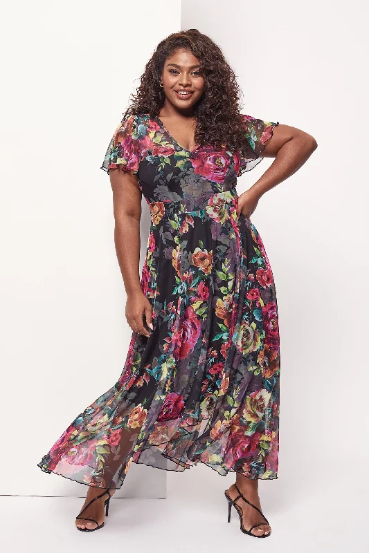 Seasonal Clearance modern dressTilly Black Fuchsia Print Angel Sleeve Sweetheart Dress