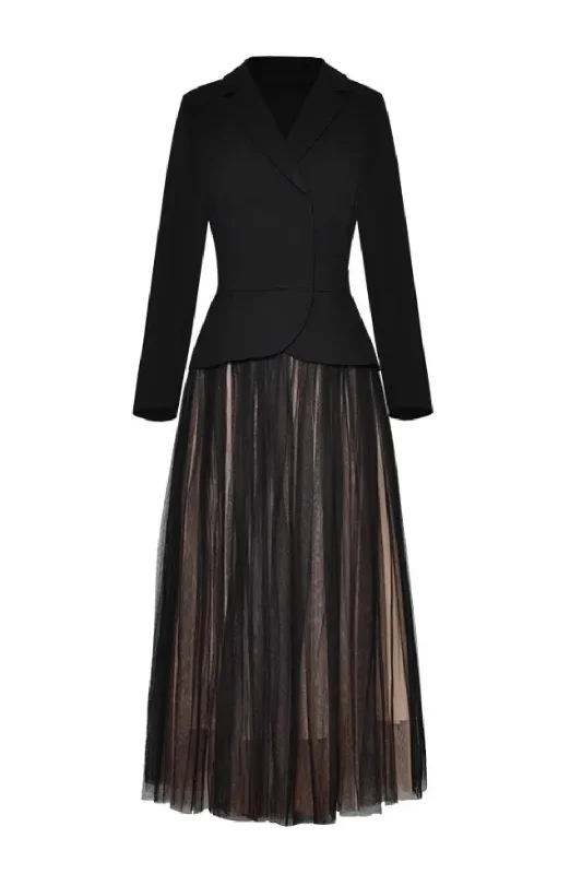 Act Now Designer Autumn Suit Women Long Sleeve Hidden Breasted Coat Tops Mesh Skirt Two-Piece Set