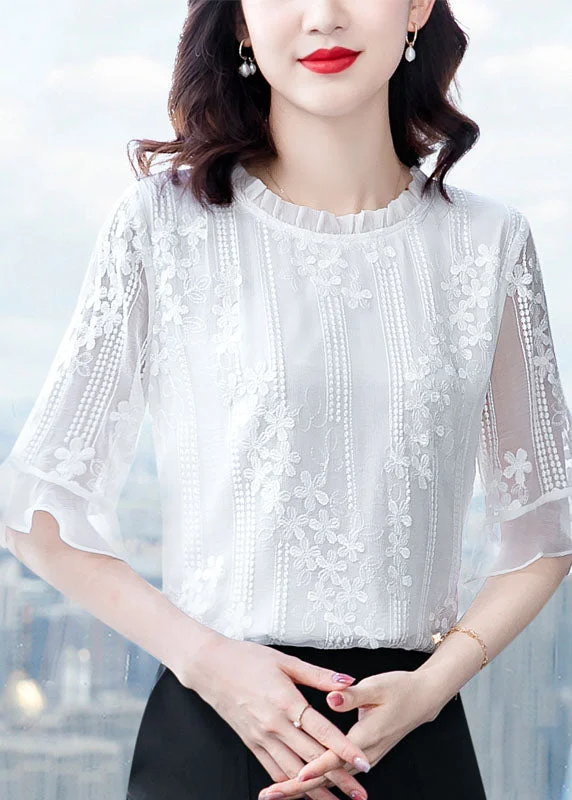 Special Savings Beautiful White Ruffled Embroideried Patchwork Chiffon Blouse Tops Summer LY0434
