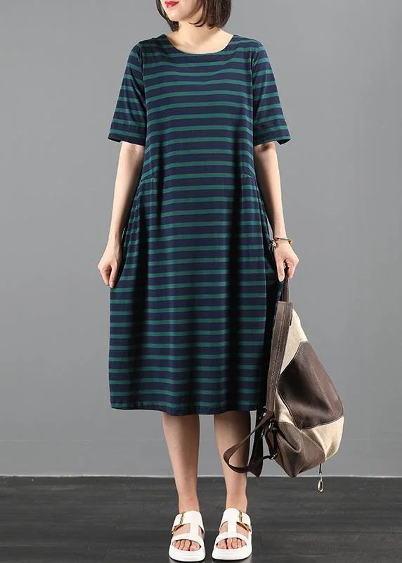 Bargain Prices modern dressItalian green striped outfit o neck Cinched A Line summer Dresses