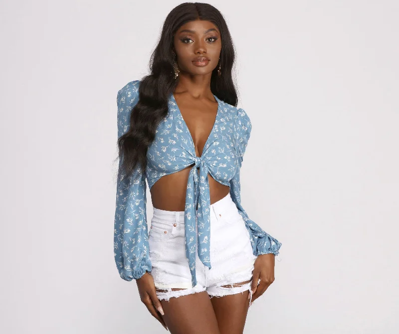 Huge Discounts Cropped Tie Front Woven Floral Top