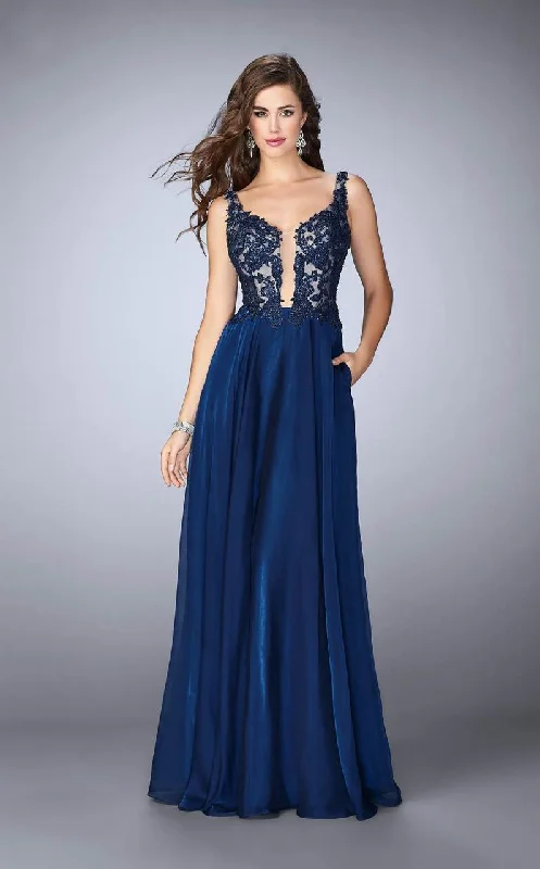 Year-End Sale La Femme - 23802 Deep V Neck Illusion Lace Top Prom Gown