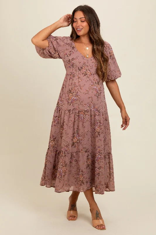 Exclusive Deal cocktail dressMauve Floral Tiered Puff Sleeve Maternity Maxi Dress