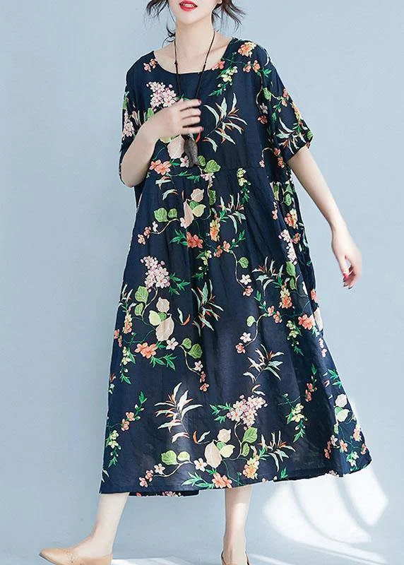 Shop and Save casual summer dressElegant navy print cotton pattern o neck baggy Maxi Dress