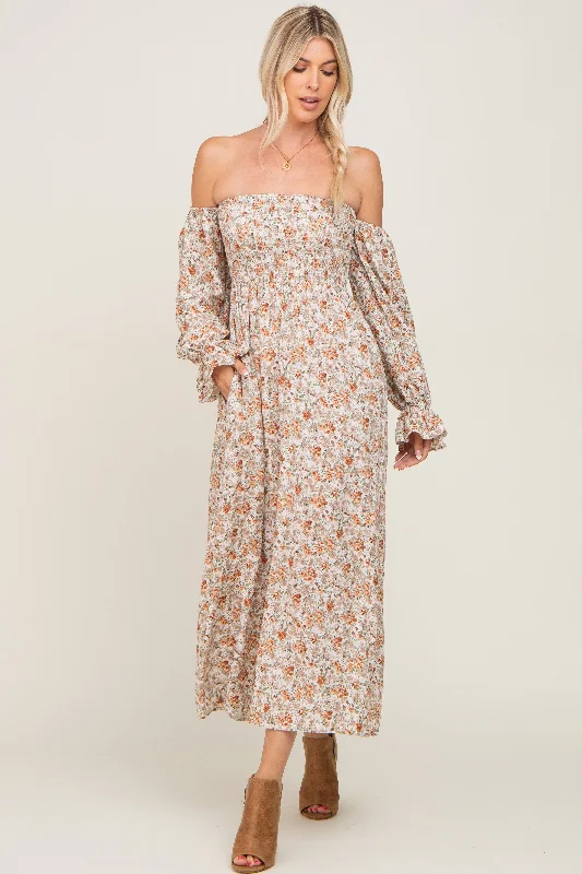 Mega Sale knit dressTaupe Floral Off Shoulder Long Sleeve Maxi Dress