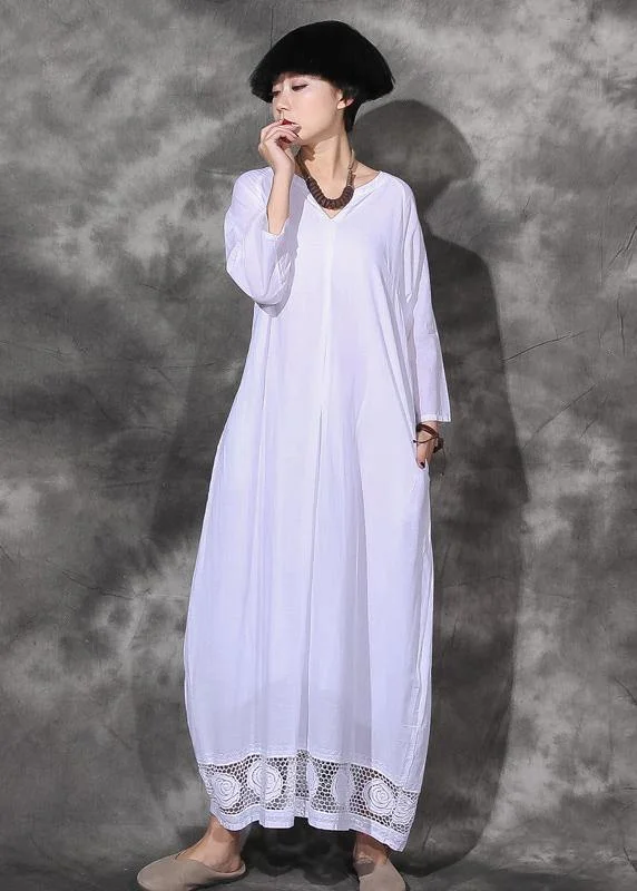 Seasonal Sale textured dressHandmade lace hem cotton dresses linen white v neck Dresses summer