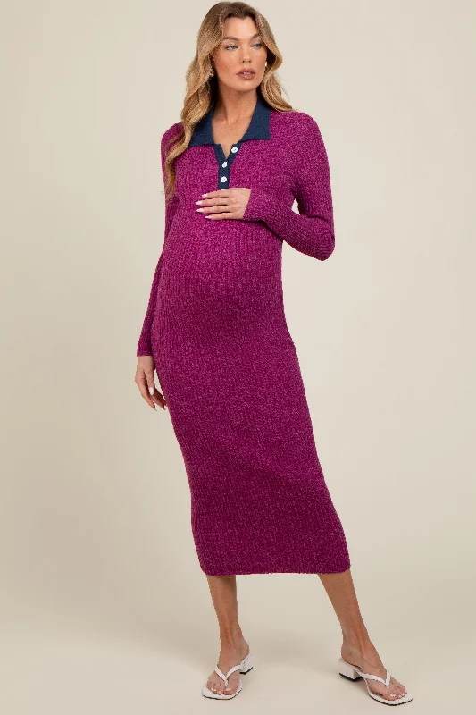 Instant Discount A-line dressMagenta Collared Button Front Long Sleeve Maternity Midi Sweater Dress