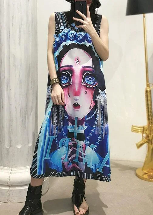 Bargain Bin boho-chic dressElegant black prints cotton clothes sleeveless Maxi summer Dress