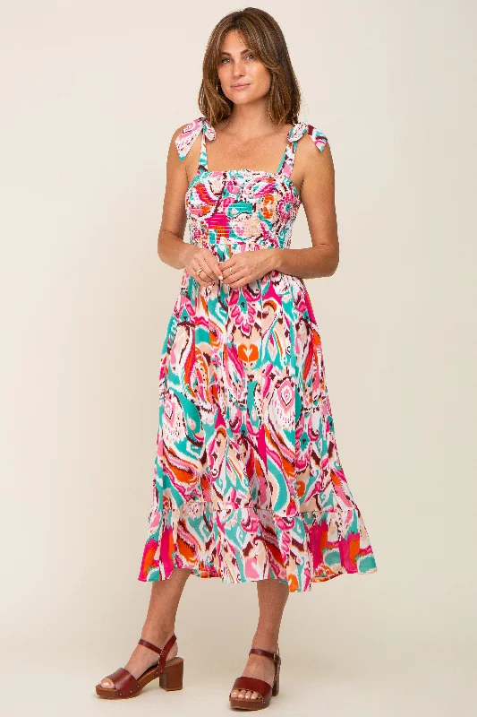 Steals and Deals trendy bodycon dressEmerald Green Printed Smocked Shoulder Tie Midi Dress