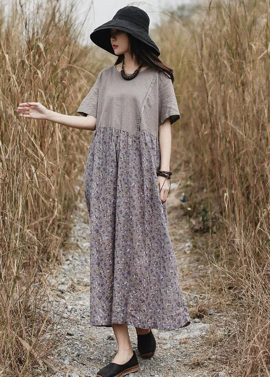 Blowout Deals wrap dressLoose patchwork linen Long Shirts Neckline gray Dress summer