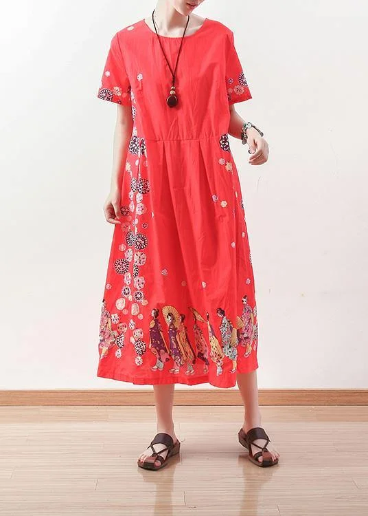 Great Deals chic slip dressFrench short sleeve linen Long Shirts Shape red o neck Dress summer