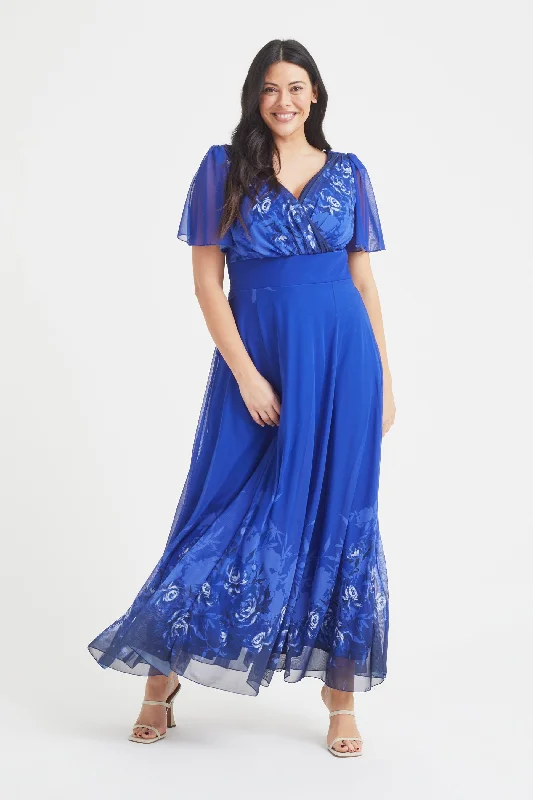 Price Slash wrap-around dressIsabelle Blue Border Floral Float Sleeve Maxi Dress