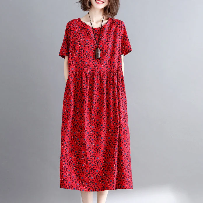 Sale Event classic fit-and-flare dressNew burgundy print cotton linen dresses casual short sleeve maxi dress vintage o neck caftans