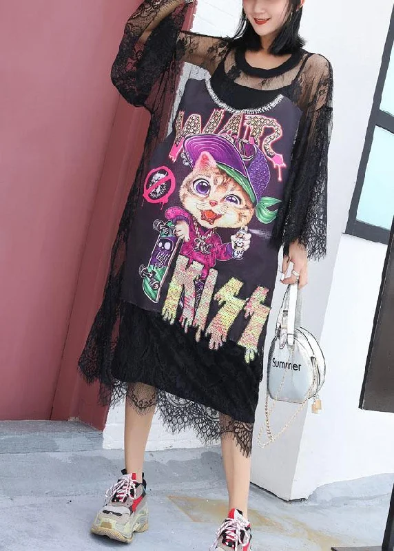 Midnight Madness satin midi dressElegant hollow out Tunics Outfits black prints Maxi Dress summer