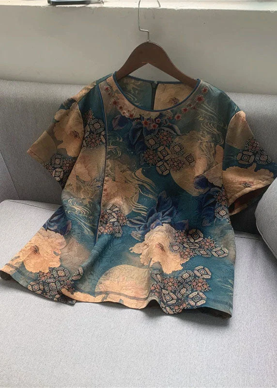 Unbeatable Prices Organic Blue O Neck Print Patchwork Silk Top Summer LC0286