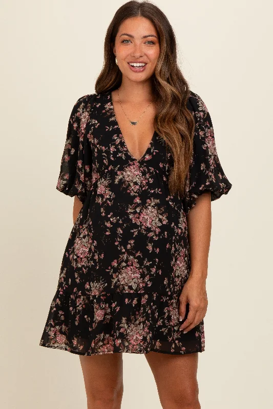 Super Sale boho-chic dressBlack Deep V-Neck Tie Back Floral Maternity Mini Dress