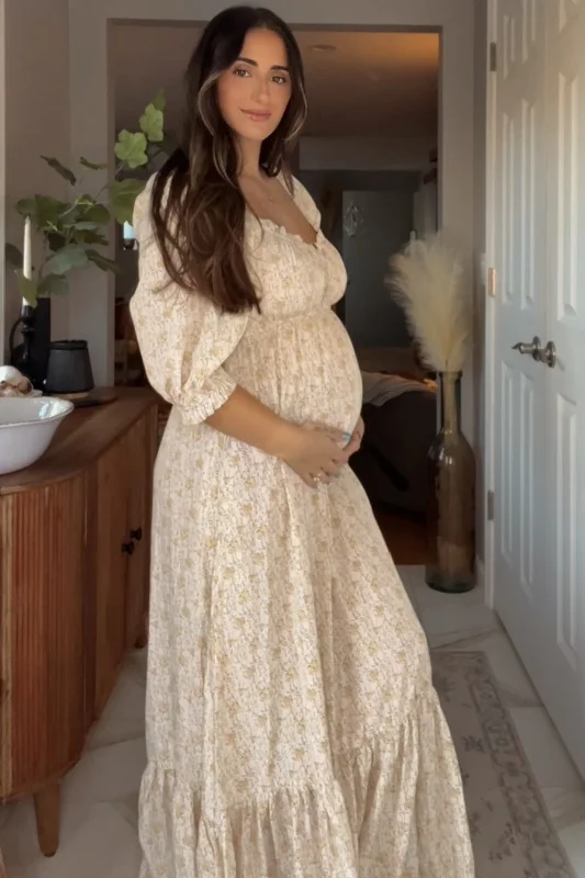 Grand Opening Sale luxury dressCream Floral Sweetheart Neckline Maternity Maxi Dress