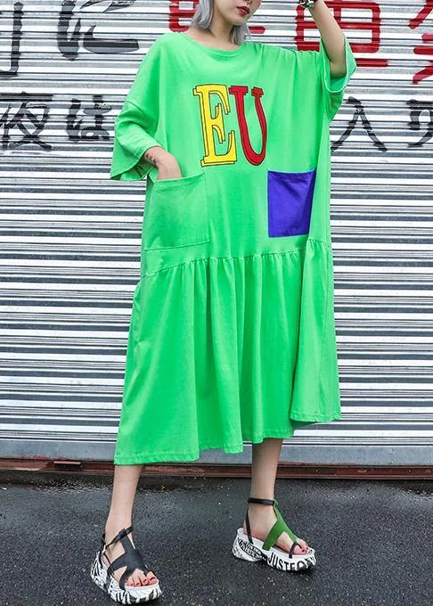Buy More, Save More bodycon dressHandmade green print cotton Wardrobes o neck pockets long summer Dress