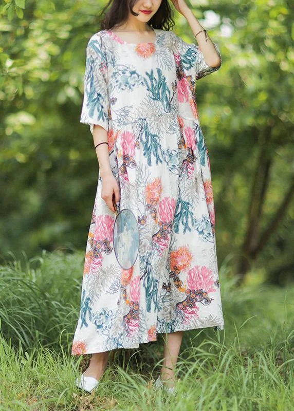 Price Slash trendy dress100% o neck baggy linen Robes Wardrobes white print Dress