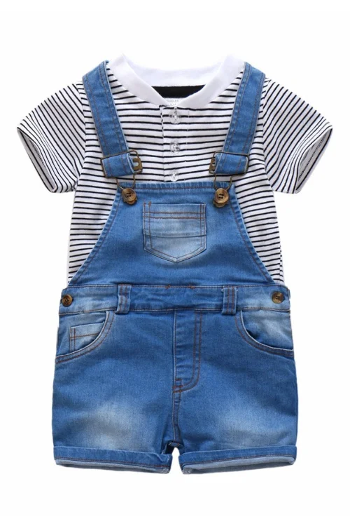 Grand Opening Sale Baby Boy Denim Clothes Outfit Summer Cotton Boys Striped Top + Bib Jeans  Short Toddler Infant Boys Outfits Suit