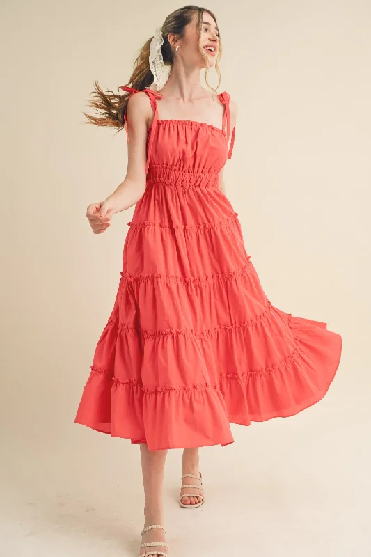 Price Drop midi dressRed Tiered Tie Strap Midi Dress