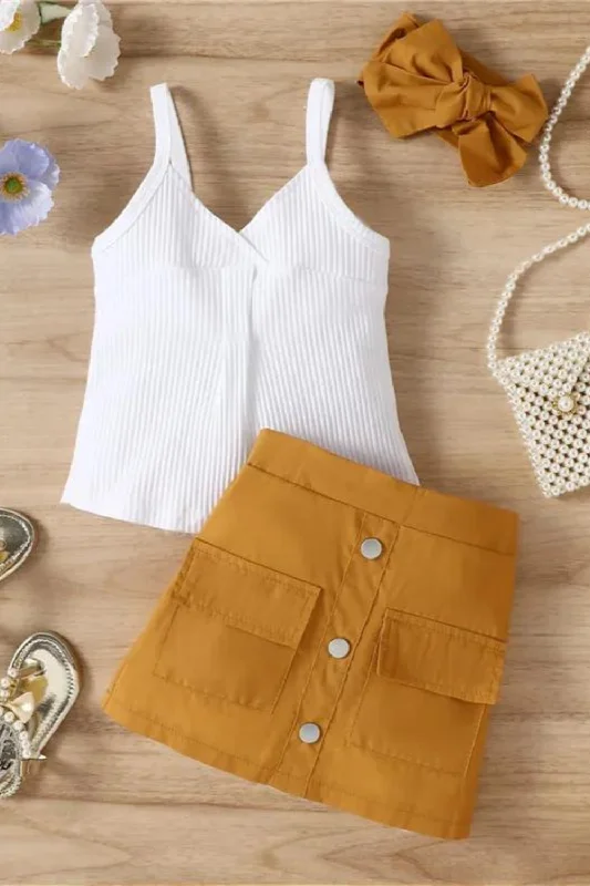 Special Buy Kids Girls Clothes Suits Solid Color V-Neck Ribbed Sleeveless Sling Tank Tops Buttons Pencil Skirts Headband 3Pcs Sets