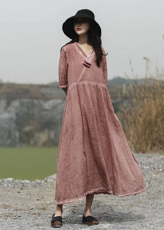 Super Bargain sleek dressBeautiful red v neck linen dress half sleeve Maxi summer Dresses