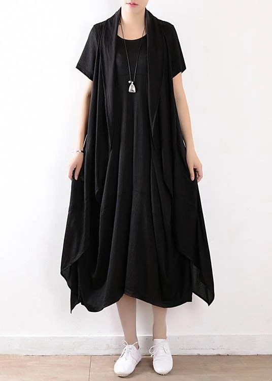 Shop and Save oversized dressfashion black linen cotton short sleeve dresses and sleeveless coat two pieces