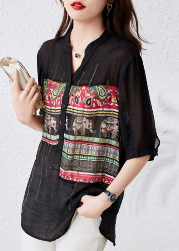 Value Deals French Black V Neck Print Button Patchwork Cotton Tops Summer TQ1020