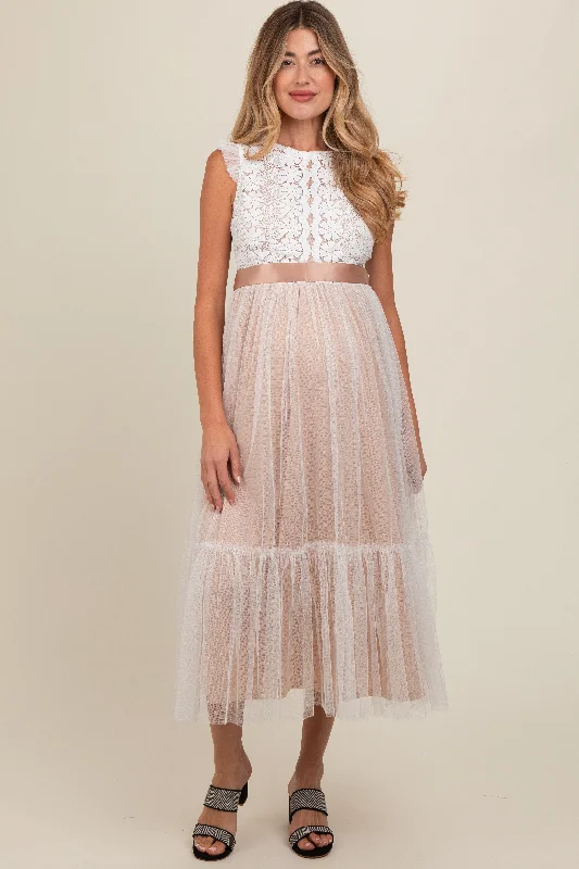 Instant Savings trendy mini dressWhite Lace Contrast Tulle Maternity Maxi Dress