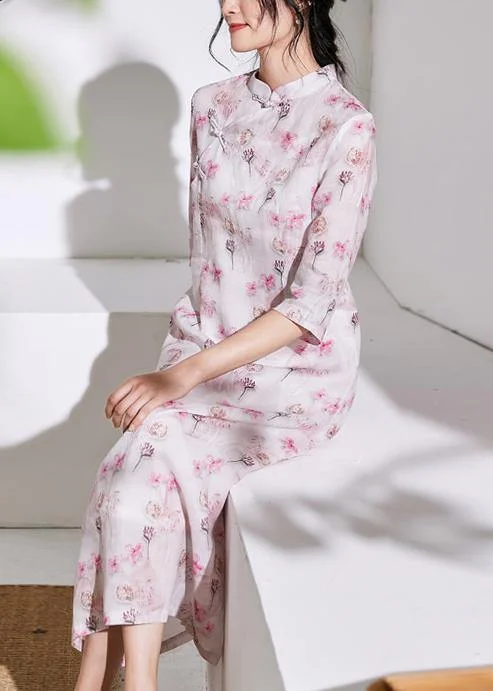 Can't Miss structured dressChic stand collar Chinese Button linen clothes For Women design light pink Dresses