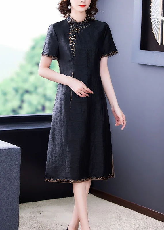 Savings Spectacular pleated dressFitted Black Stand Collar Zippered Embroideried Side Open Silk Dresses Short Sleeve Savings Spectacular pleated dressFitted Black Stand Collar Zippered Embroideried Side Open Silk Dresses Short Sleeve