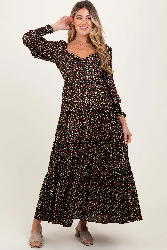 Bargain Blast denim dressBlack Floral Button Accent Bodice Tiered Maternity Maxi Dress
