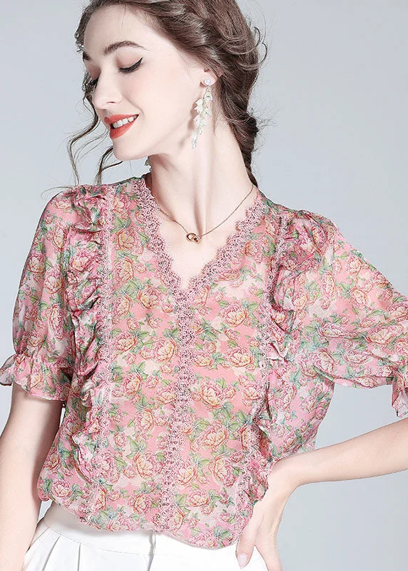 Great Deals French Pink V Neck Lace Patchwork Print Silk Blouse Top Summer LY0140