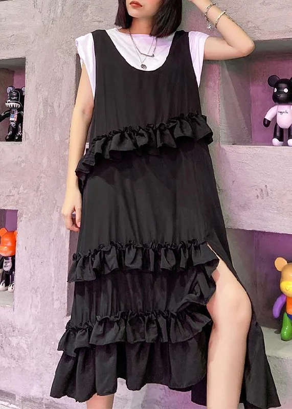 Bargain Bin stylish dressNatural black sleeveless cotton quilting dresses ruffles Art summer side open Dress