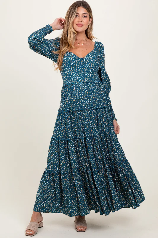Deal of the Week cocktail dressTeal Floral Button Accent Bodice Tiered Maternity Maxi Dress