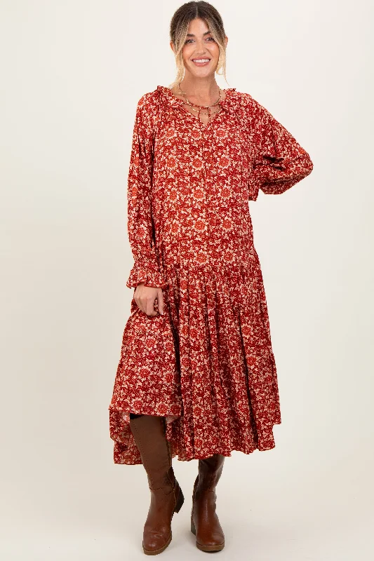 Stock Up and Save spaghetti strap dressBurgundy Floral Tie Neckline Tiered Maternity Maxi Dress