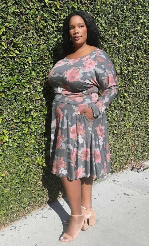 Inventory Reduction Plus Size Floral Print Long Sleeves Top and Skirt sets With Pockets