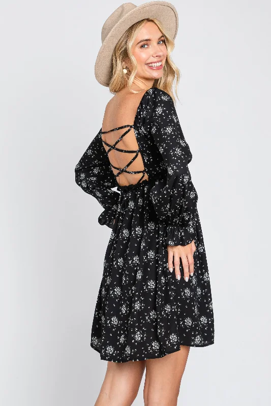 Reduced Prices backless dressBlack Floral Smocked Lace Up Back Dress
