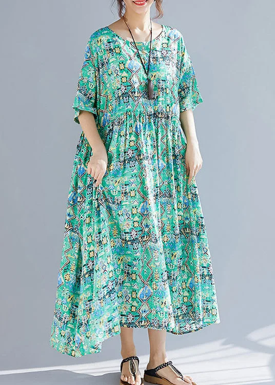 Limited Edition winter dressOrganic green print linen Wardrobes Vintage design o neck Cinched Robe Summer Dresses