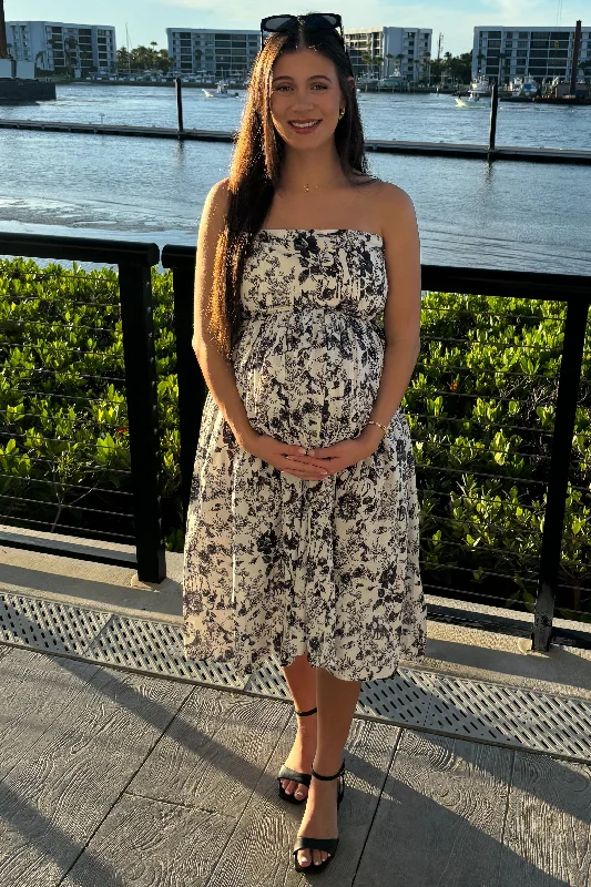 Year-End Clearance oversized dressBlack Floral Strapless Maternity Midi Dress