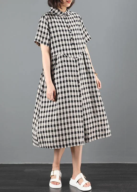 Special Savings casual dressBohemian lapel Cinched summer dress Work black plaid Maxi Dresses