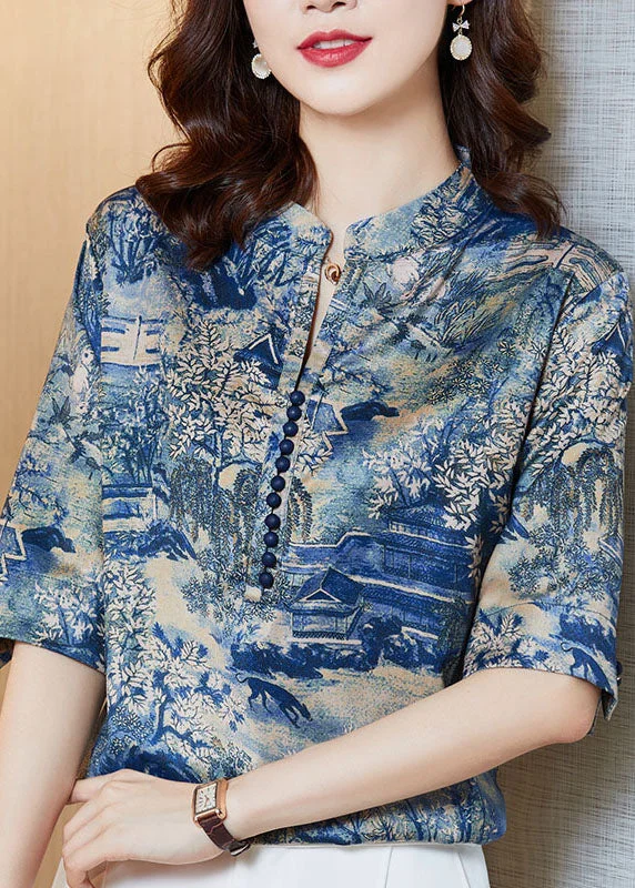Can't Miss Stylish Blue Stand Collar Print Patchwork Silk Tops Summer LY0466